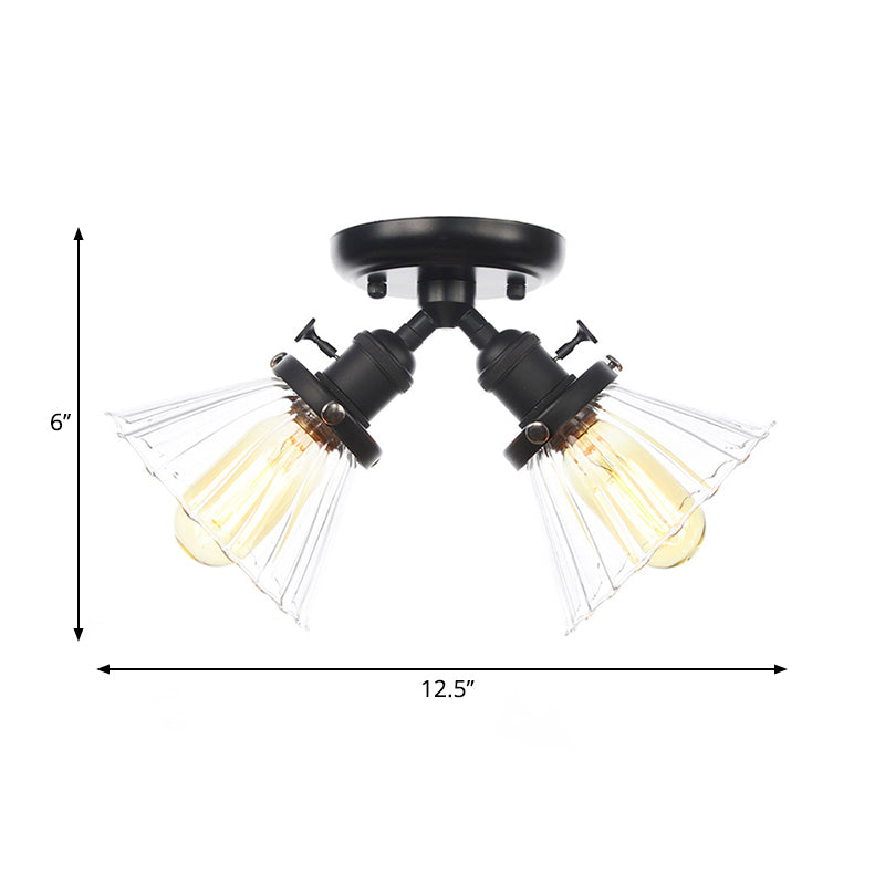 Industrial Cone Shade Semi Mount Ceiling Light With Amber/Clear Glass (2 Heads) In Black/Bronze For