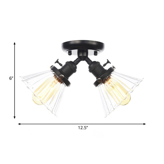 Industrial Cone Shade Semi Mount Ceiling Light With Amber/Clear Glass (2 Heads) In Black/Bronze For