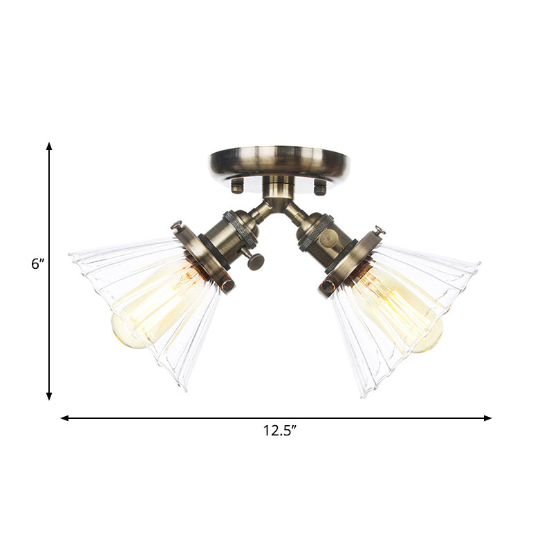 Industrial Cone Shade Semi Mount Ceiling Light With Amber/Clear Glass (2 Heads) In Black/Bronze For