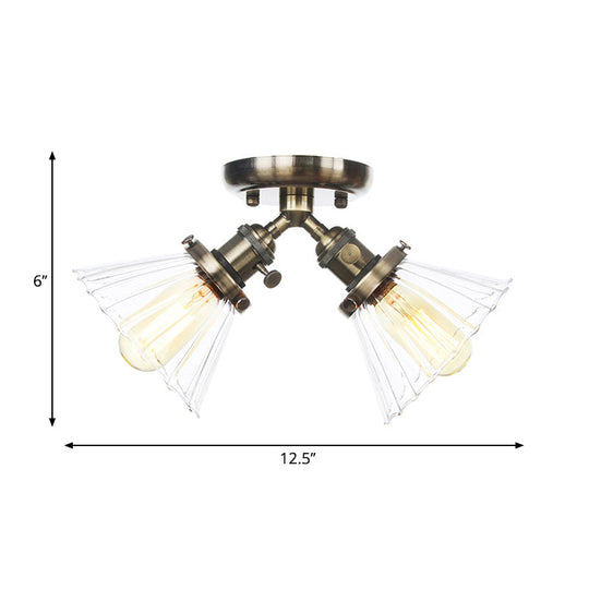 Industrial Cone Shade Semi Mount Ceiling Light With Amber/Clear Glass (2 Heads) In Black/Bronze For