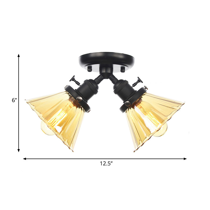 Industrial Cone Shade Semi Mount Ceiling Light With Amber/Clear Glass (2 Heads) In Black/Bronze For