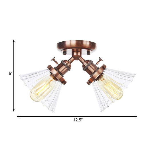 Industrial Cone Shade Semi Mount Ceiling Light With Amber/Clear Glass (2 Heads) In Black/Bronze For