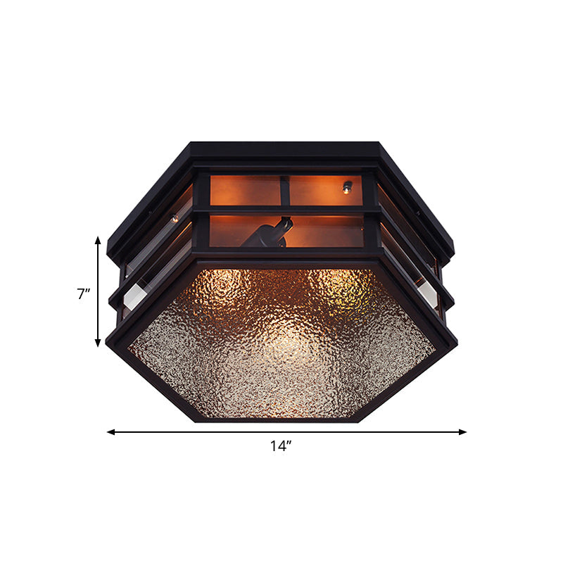 Plafonnier encastré hexagonal en métal noir avec diffuseur en verre dépoli - 2/3 lumières, largeur 14"/17" - Style ferme