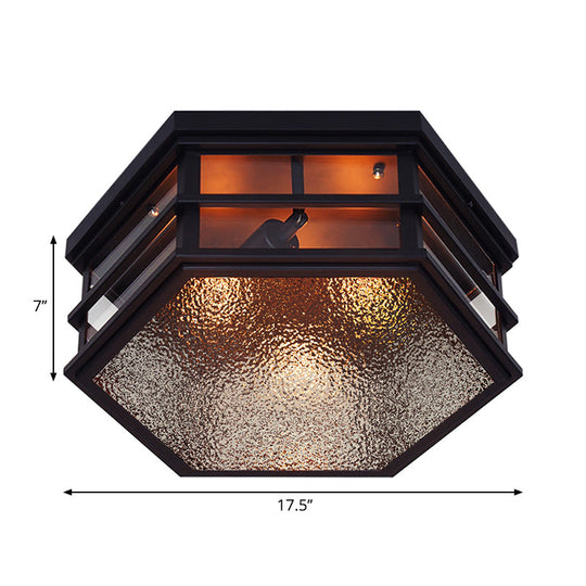 Plafonnier encastré hexagonal en métal noir avec diffuseur en verre dépoli - 2/3 lumières, largeur 14"/17" - Style ferme