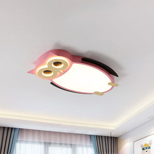 Cartoon Owl Flush Ceiling Light for Children - White/Pink/Blue, LED Metal Flush Mount Lamp