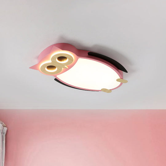 Cartoon Owl Flush Ceiling Light for Children - White/Pink/Blue, LED Metal Flush Mount Lamp