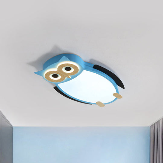 Cartoon Owl Flush Ceiling Light for Children - White/Pink/Blue, LED Metal Flush Mount Lamp