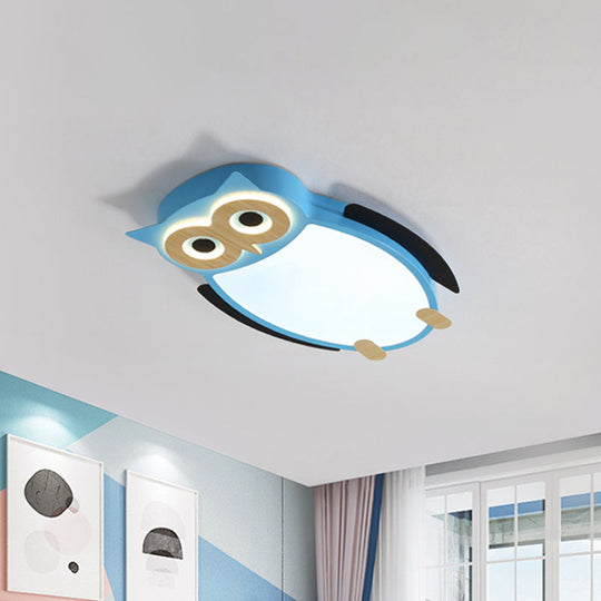 Cartoon Owl Flush Ceiling Light for Children - White/Pink/Blue, LED Metal Flush Mount Lamp