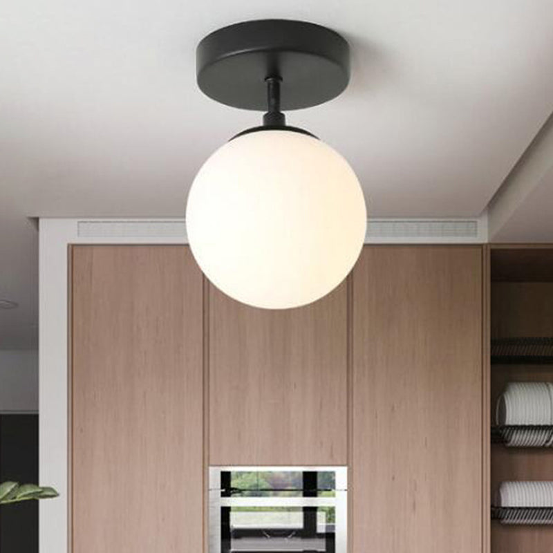 Contemporary Sphere Semi Flush Chandelier - 1 Light Frosted Glass Ceiling Fixture for Hallway