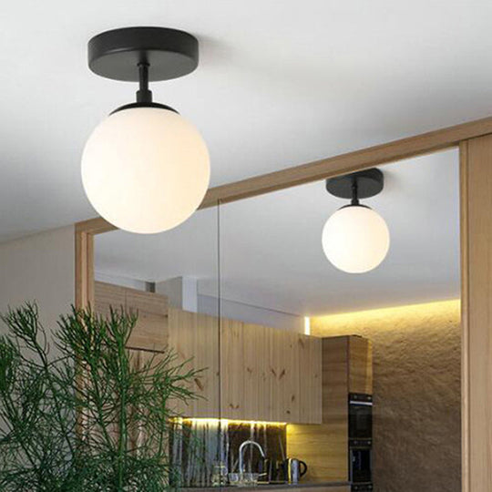 Contemporary Sphere Semi Flush Chandelier - 1 Light Frosted Glass Ceiling Fixture for Hallway