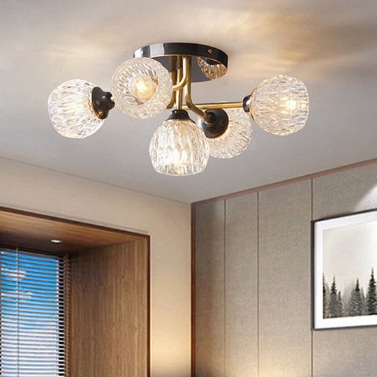 Ultra-Contemporary 5-Light Bowl Semi Flush Chandelier - Ribbed Glass Ceiling Light For Bedroom