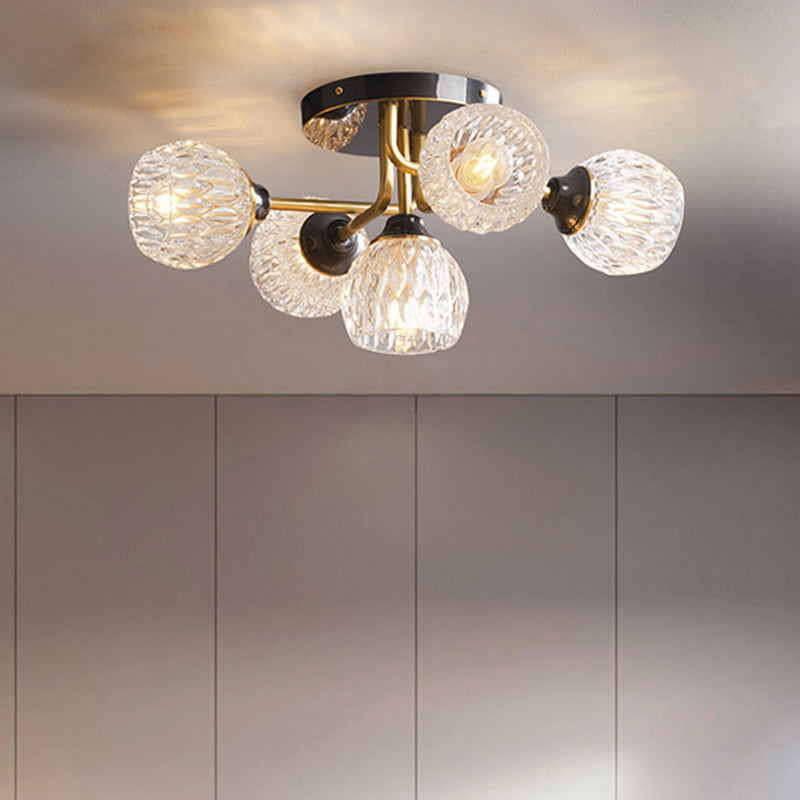 Ultra-Contemporary 5-Light Bowl Semi Flush Chandelier - Ribbed Glass Ceiling Light for Bedroom