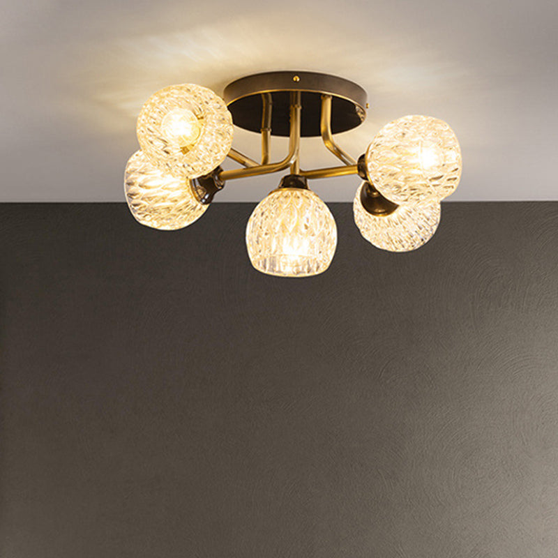 Ultra-Contemporary 5-Light Bowl Semi Flush Chandelier - Ribbed Glass Ceiling Light for Bedroom