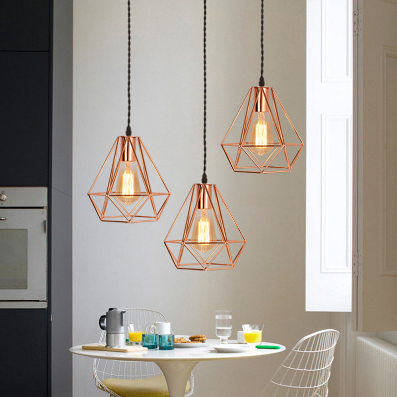 Rose Gold Diamond Iron Cluster Pendant - Post-Modern Restaurant Hanging Lamp