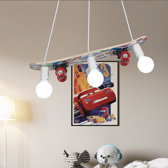 Wooden Skateboard Shaped Chandelier Lamp - Cartoon-Style 3 Lights Red/Blue Blue