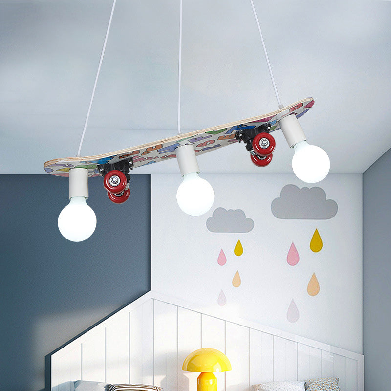 Wooden Skateboard Shaped Chandelier Lamp - Cartoon-Style 3 Lights Red/Blue