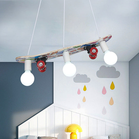 Wooden Skateboard Shaped Chandelier Lamp - Cartoon-Style 3 Lights Red/Blue