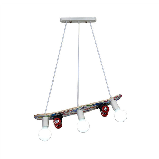 Wooden Skateboard Shaped Chandelier Lamp - Cartoon-Style 3 Lights Red/Blue