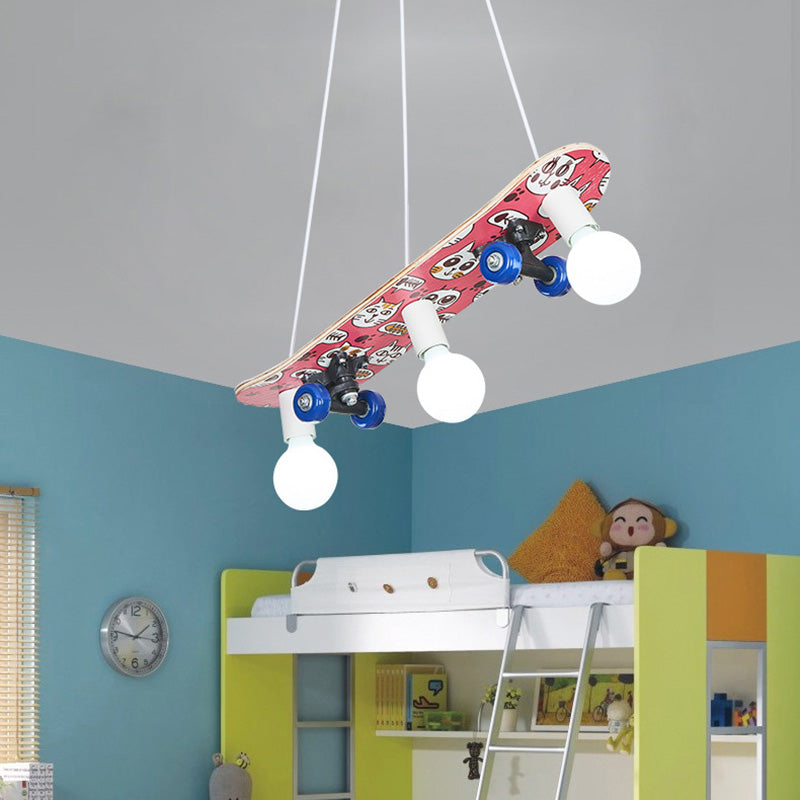 Wooden Skateboard Shaped Chandelier Lamp - Cartoon-Style 3 Lights Red/Blue