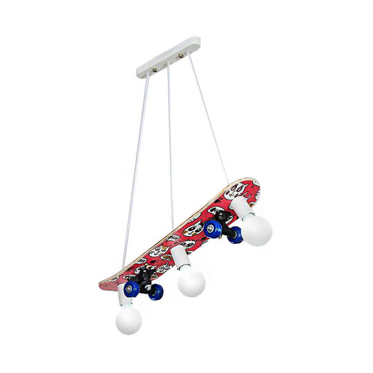 Wooden Skateboard Shaped Chandelier Lamp - Cartoon-Style 3 Lights Red/Blue