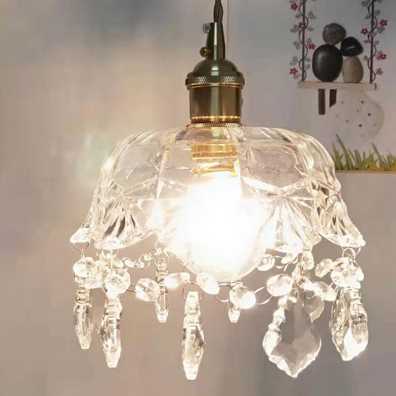 Vintage Flower Shade Ceiling Pendant Lamp 1-Light Clear Glass Hanging Light With Crystal