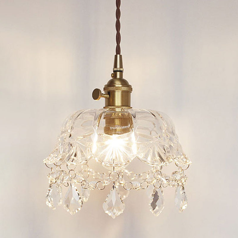 Vintage Flower Shade Ceiling Pendant Lamp 1-Light Clear Glass Hanging Light With Crystal