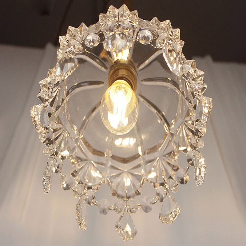 Vintage Flower Shade Ceiling Pendant Lamp 1-Light Clear Glass Hanging Light With Crystal