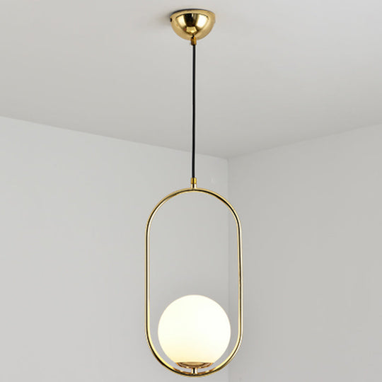 Mid-Century Globe Pendant Lamp With White Glass Shade And Metal Ring Gold / 16