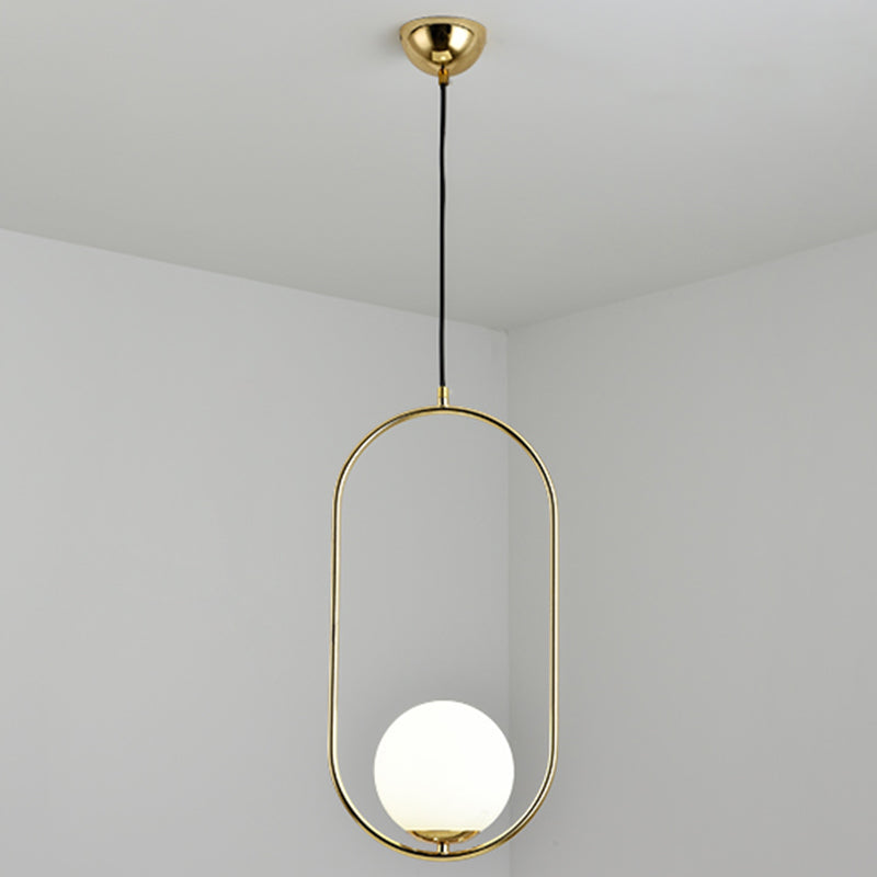 White Glass Pendant Light with Mid-Century Globe Design and Metal Ring