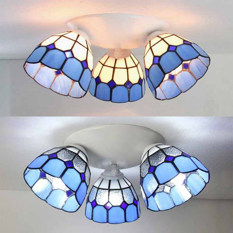 Dome Shade Tiffany Stained Glass Ceiling Light Fixture - 3 Heads, White/Clear