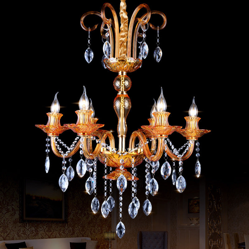 Gold Candle Chandelier With Prism Glass: Traditional Lighting Fixture For Dining Room