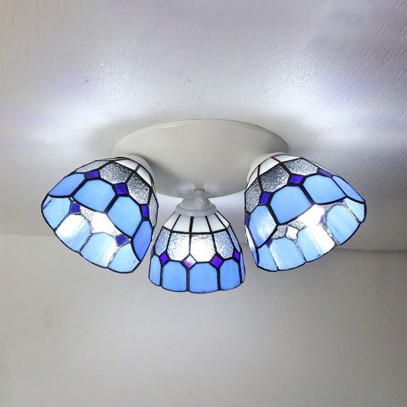 Dome Shade Tiffany Stained Glass Ceiling Light Fixture - 3 Heads, White/Clear