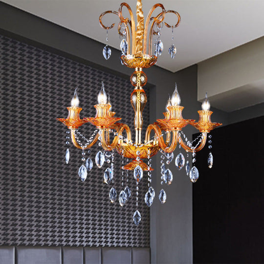 Gold Candle Chandelier With Prism Glass: Traditional Lighting Fixture For Dining Room