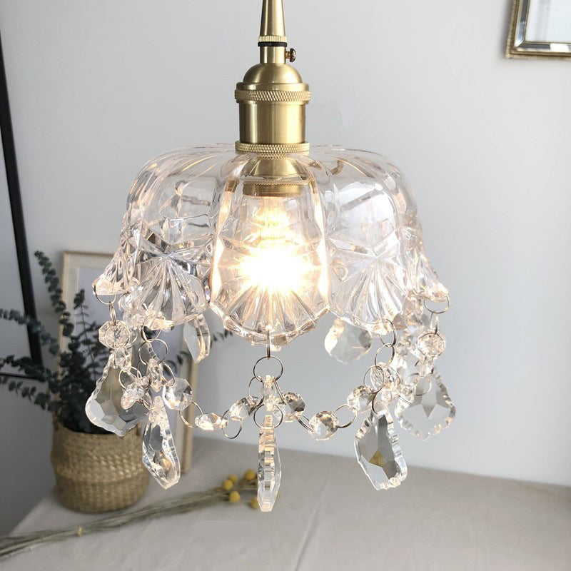 Vintage Brass Pendant Light With Clear Glass Shade Crystal Accents And Floral Design - Dining Room