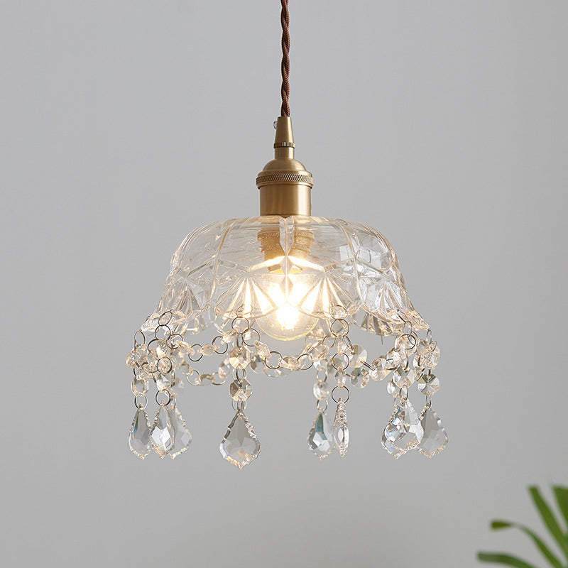 Vintage Brass Pendant Light with Clear Glass Shade and Crystal Drip - Floral inspired Dining Room Suspension Light