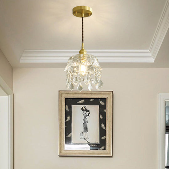 Vintage Brass Pendant Light with Clear Glass Shade and Crystal Drip - Floral inspired Dining Room Suspension Light