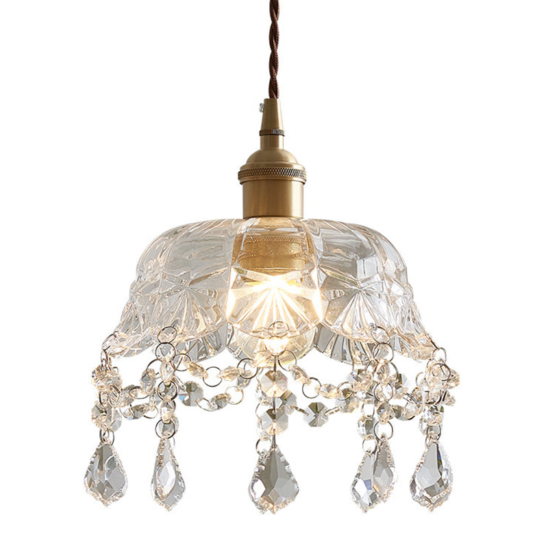 Vintage Brass Pendant Light with Clear Glass Shade and Crystal Drip - Floral inspired Dining Room Suspension Light