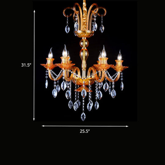 Gold Candle Chandelier With Prism Glass: Traditional Lighting Fixture For Dining Room