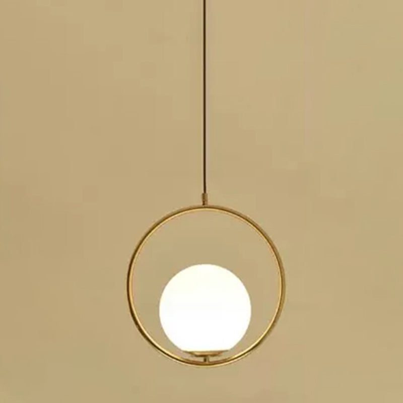 White Glass Pendant Light with Mid-Century Globe Design and Metal Ring