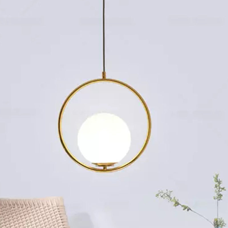 White Glass Pendant Light with Mid-Century Globe Design and Metal Ring