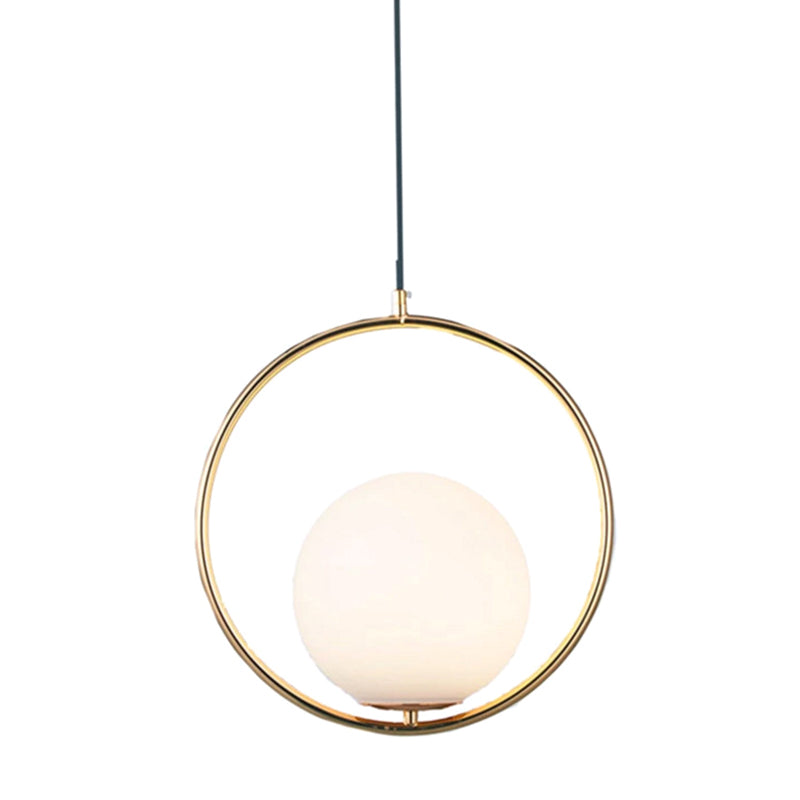 Mid-Century Globe Pendant Lamp With White Glass Shade And Metal Ring