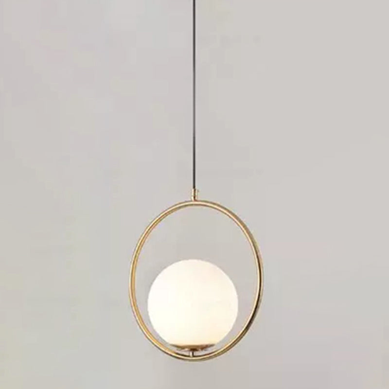 Mid-Century Globe Pendant Lamp With White Glass Shade And Metal Ring