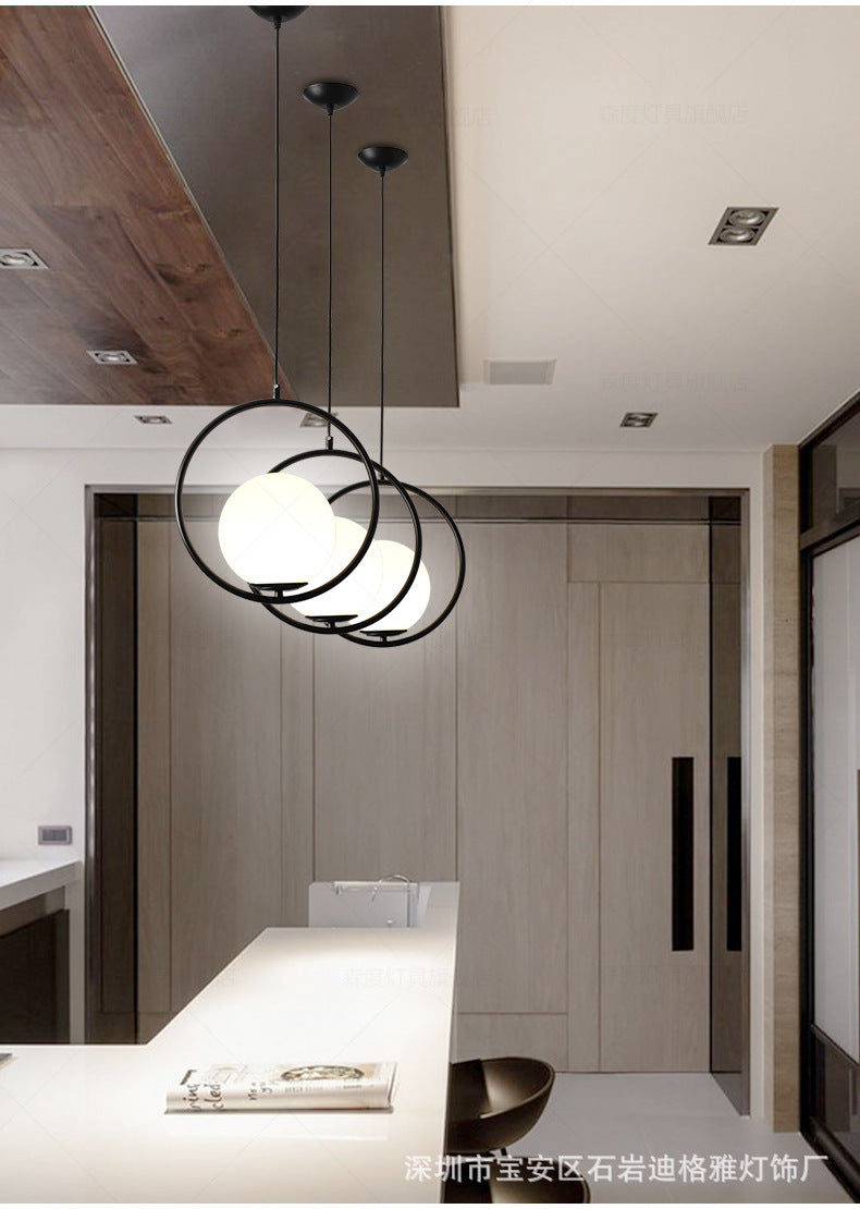 White Glass Pendant Light with Mid-Century Globe Design and Metal Ring