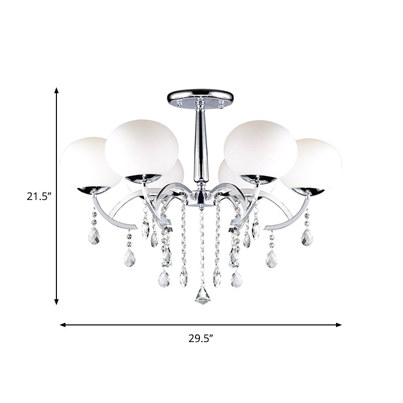 Traditional 6-Light Chrome Semi Chandelier with Milky Glass Balls and Crystal Droplets