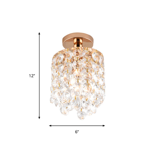 Golden Cylinder Crystal Semi-Flush Ceiling Light with Simplicity Design