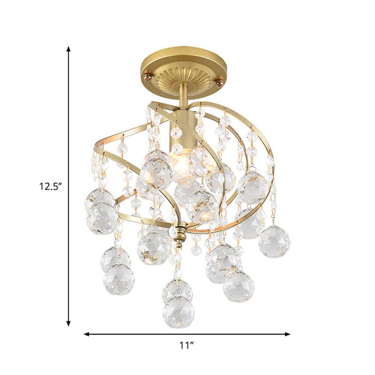 Contemporary Spiral Semi Flush Ceiling Lamp - Metallic 1 Light Golden Corridor Light with Crystal Drop