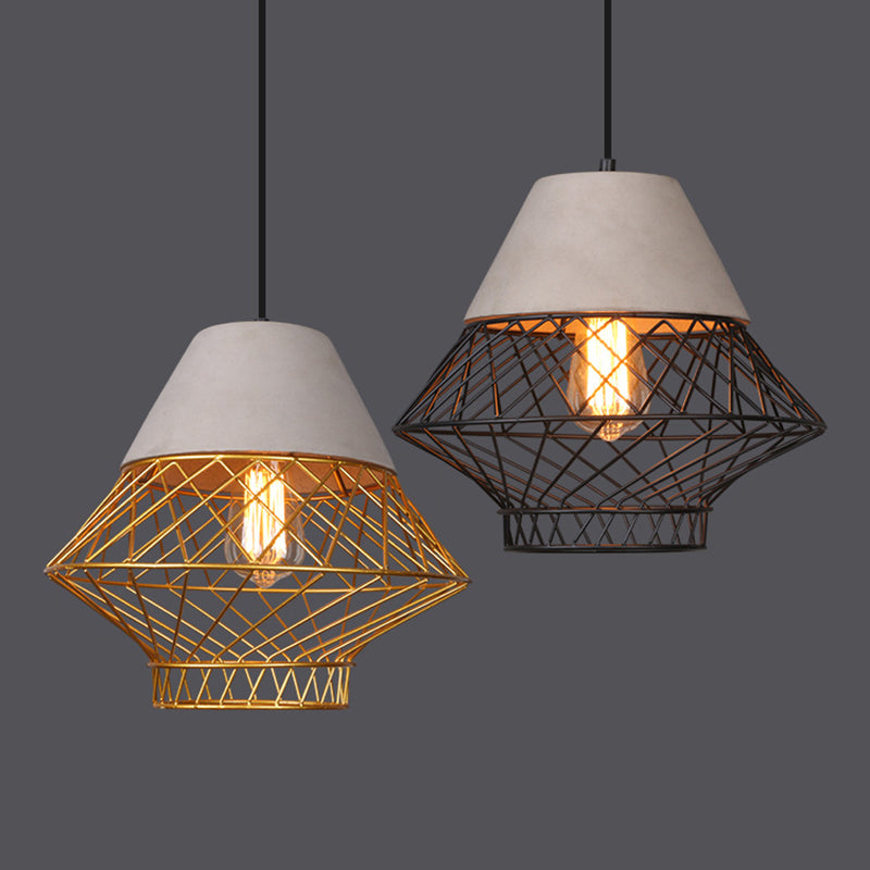 Retro Urban Wire Cage Pendant Light with Cement Top - Restaurant Hanging Lamp