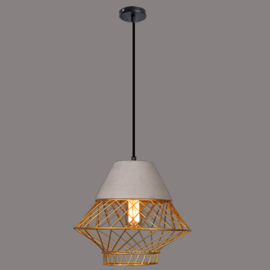 Urban Retro Wire Cage Pendant Lighting With Cement Top - Restaurant Hanging Lamp 1-Light Gold