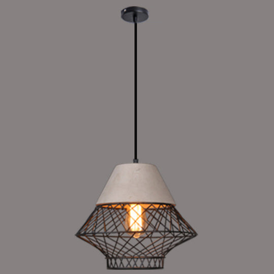 Urban Retro Wire Cage Pendant Lighting With Cement Top - Restaurant Hanging Lamp 1-Light Black