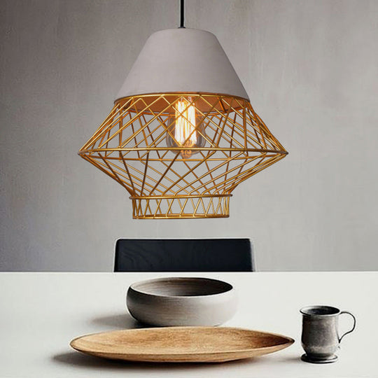 Urban Retro Wire Cage Pendant Lighting With Cement Top - Restaurant Hanging Lamp 1-Light